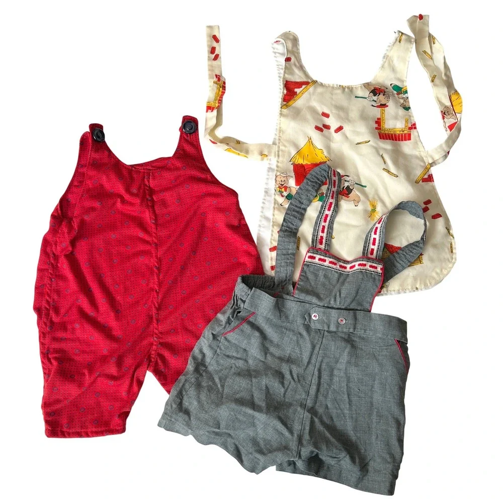 Vintage Baby Toddler Overalls Bundle Red Gray 3 Little Pigs Apron Clothes Bundle